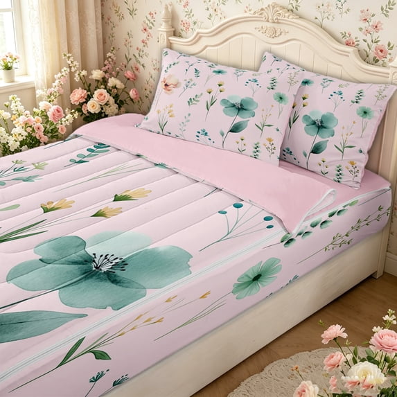Erosebridal Green Watercolor Wildflower Zipper Twin Comforter Sets with Fitted Sheet and 2 Pillowcases for Girls, Pink Spring Zipper Bedding Set, Pink Reversible, 4-Piece