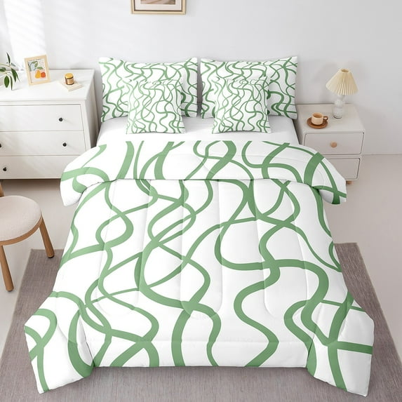 Erosebridal Green White Bedding Full Size,Modern Geometric Comforter Sets With Sheets,Abstract Wave Lines Bedding Sets Full Size, Breathable Bedroom Decorative,7-Piece