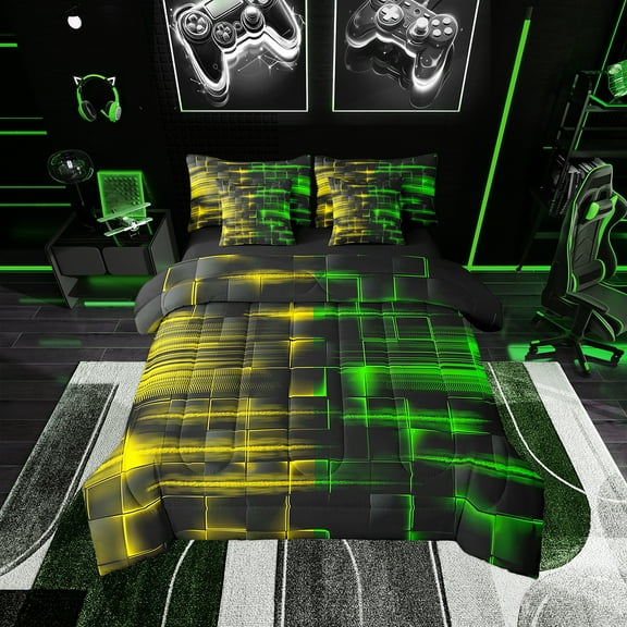 Erosebridal Green and Yellow Comforter Set With Sheets7 piece Twin Size Geometric Bed in a Bag Geometry Strip Lines Bedding Set Abstract Art Bed Set with Comforter,Sheets