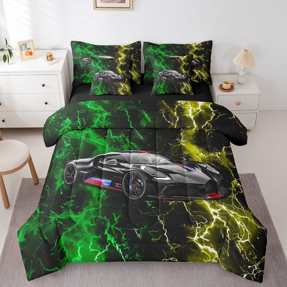 Erosebridal Green Yellow Somky Lightning Bedding Twin Size,Black Sports Car Bed Set,Extreme Sports Bed Set For Teenagers,Super Cozy Room Decoration Reversible,7pcs