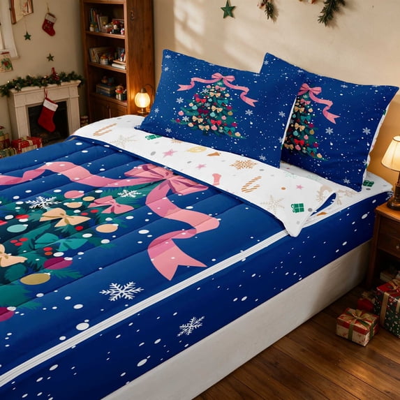 Manfei Green Zipper Full Size Comforter Sets with Fitted Sheet and 2 Pillowcases Xmas Tree Zipper Bedding Set, Green Gold, Xmas Reversible