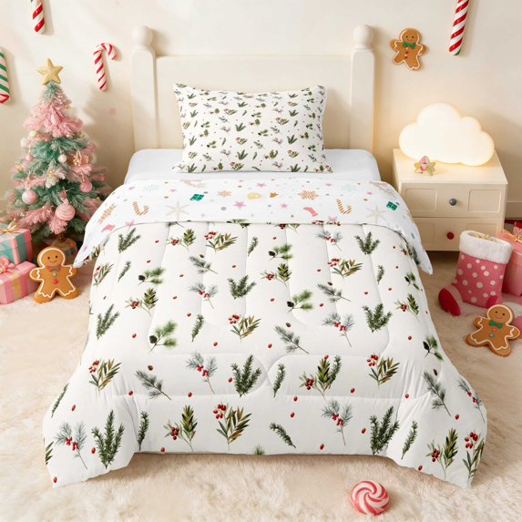Manfei Greenery Twin Comforter Sets Holiday Bedding Set, Mint White 2-Pieces 1 Comforter and 1 Pillowcase, Xmas Reversible