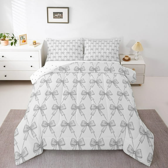 Erosebridal Grey Bow Comforter Sets Queen Size,Bowknot Bow Tie Bedding Queen Comforter Set,Geometric Plaid Bedding Sets Queen with Comforter,Breathable Buffalo Bedroom Decorative,Reversible,3 Pieces