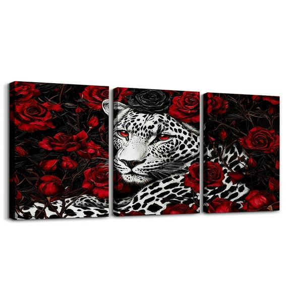 Erosebridal Grey Cheetah Print Paintings Wall Decor Bedroom, Red Rose Floral Flower Wall Hanging Decor Kitchen