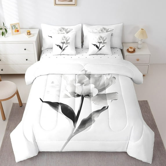 Erosebridal Grey Flower Bedding Sets Twin Size, Tropical Botanical Comforter Sets with Sheets, Cartoon Plant Decor, Reversible 7pcs