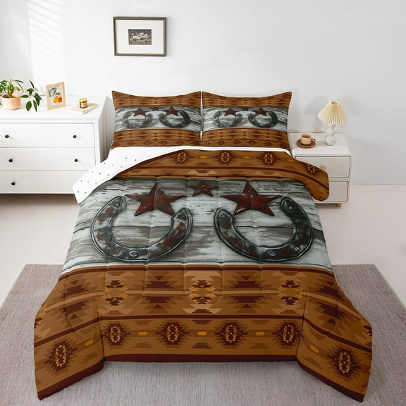 Erosebridal Grey Horseshoe Bedding Sets Full with Comforter,Stars Wooden Stripe Duvet Insert,Western Bedroom Decor,Reversible,Super Cozy,3 Pieces