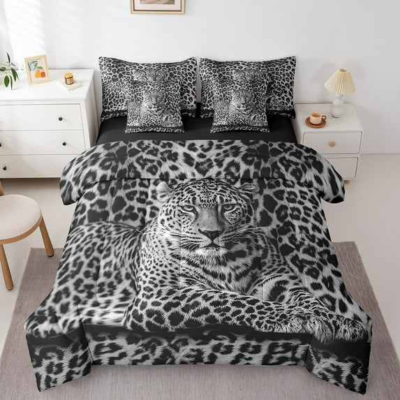 Erosebridal Grey Leopard Bedding Queen Size, Wildlife Cheetah Bed Set, Wooden Animal Reversible Bed in a Bag Queen size, Super Cozy Room Decoration, 7-Piece