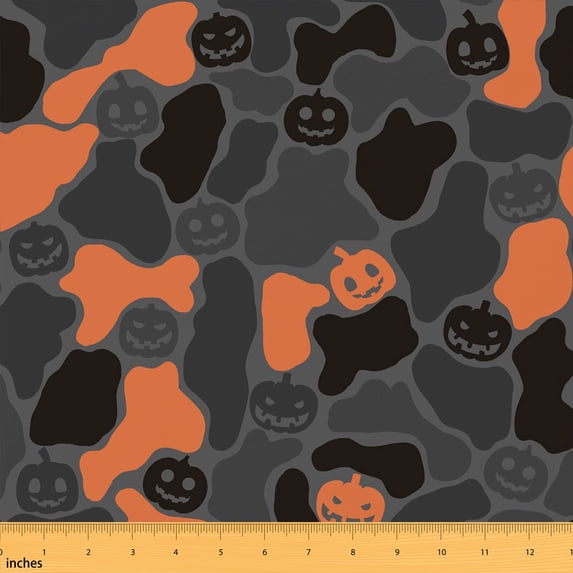 Erosebridal Grey Orange Camo Jack O Lantern Fabric by the Yard 3 Yards, Halloween Pumpkin Face Room Decor Fabric by the Yard