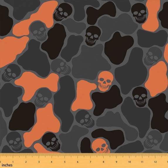 Erosebridal Grey Orange Camo Skull Fabric by the Yard 10 Yards, Skeleton Head Pattern Home Decor Fabric by the Yard
