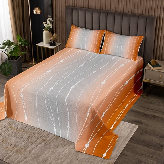 Erosebridal Grey and Orange Watercolor Coverlet Queen Size Wave Stripe and Dots Bedding Set, Geometric Aesthetic Quilt Set Ombre Gradient Bedspread Set, Modern Abstract Line Bed Set