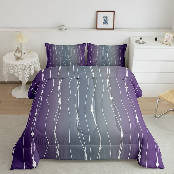 Erosebridal Grey and Purple Ombre Comforter Set Queen Geometric Abstract Bedding Set, Modern Wave Dots Bedding Comforter Sets Gradient Watercolor Duvet Set, Aesthetic Lines Striped Quilted Comforter