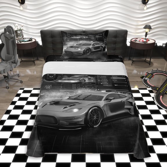 Erosebridal Grey Racing Car Twin Sheet Sets 3pcs For Boys,Extreme Sport Bedding For Kids Teens,Breathable Home Decor