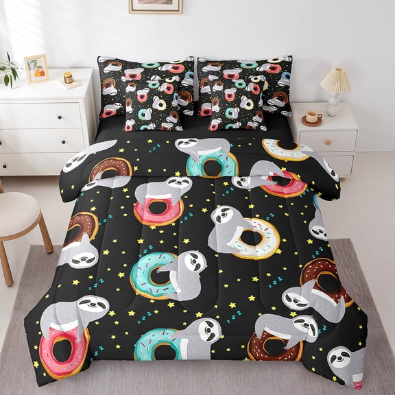 Erosebridal Grey Sloth Animal Bed in a Bag Twin size, Donut Dessert Bed Set, StarsRoom Decor, Reversible 7pcs