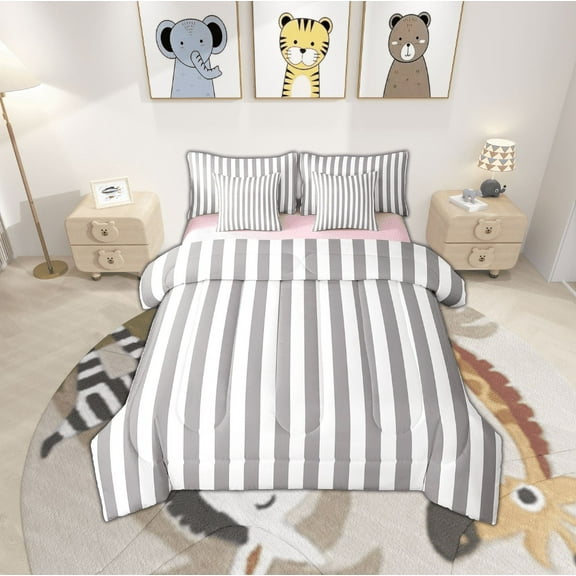 Erosebridal Grey Stripes Bed in a Bag Twin size, Geometry Abstract Bed Set, Minimalism Reversible Bedding Twin Size, Microfiber Bedroom Decoration, 7pcs