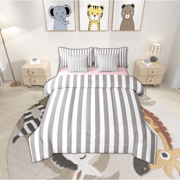 Erosebridal Grey Stripes Bed in a Bag Twin size, Geometry Abstract Bed Set, Minimalism Reversible Bedding Twin Size, Microfiber Bedroom Decoration, 7pcs