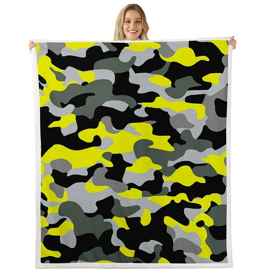 Erosebridal Grey Yellow Camo Fleece Blanket, Retro Army Camouflage Sherpa Throw, Military Decor, 30x40
