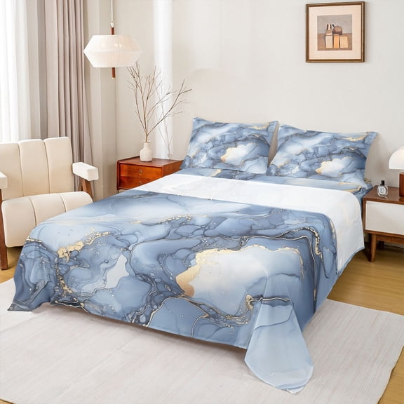 Erosebridal Greyish Blue Marble Queen Sheet Sets, Gold Metalic Bed Set, 1 Flat Sheet, 1 Fitted Sheet and 2 Pillowcases