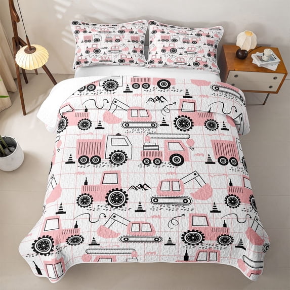 Erosebridal Grid Excavator Truck Twin Quilt Set for Girls, Line Print Twin Coverlet Set, Pink White, 2 Pieces