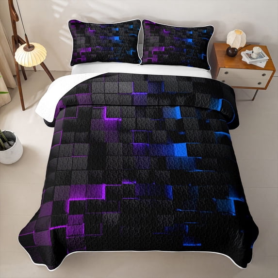 Erosebridal Grid Geometric Print Twin Quilt Set,Purple Blue Neon Gradient Twin Coverlet Set For Boys,2pcs