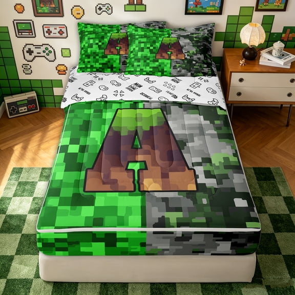 Erosebridal Grid Monogrammed A Zipper Twin Comforter Sets with Fitted Sheet and 2 Pillowcases for Boys, Pixelated Blocks Miners Game Zipper Bedding Set, Gamepad Reversible, 4pcs