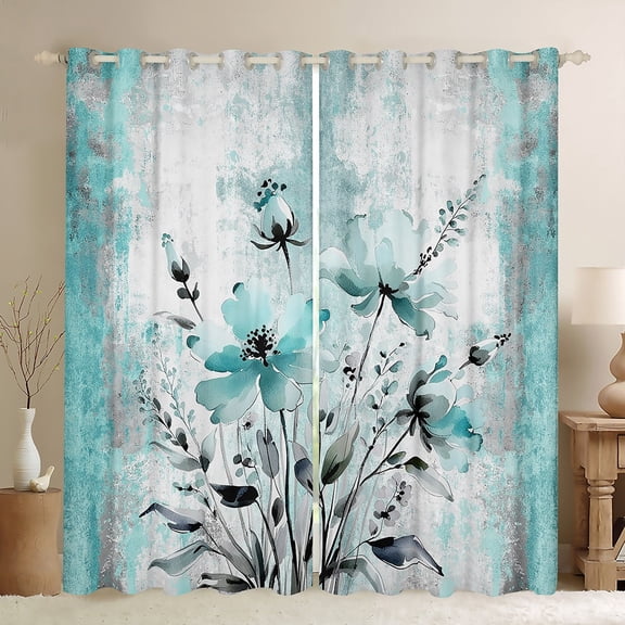 Erosebridal Groovy Daisy Curtains for Living Room, Flower Floral Blackout Curtains Set of 2 (38x45), Cyan Watercolor Black Out Curtains, Window Curtains Room Decorative