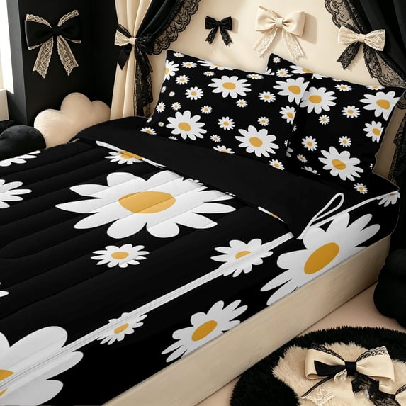 Erosebridal Groovy Daisy Floral Zipper Queen Comforter Set with Fitted Sheet and 2 Pillowcases for Girls, Cartoon Flower Print Zipper Bedding Set, Black Reversible, 4 Pieces