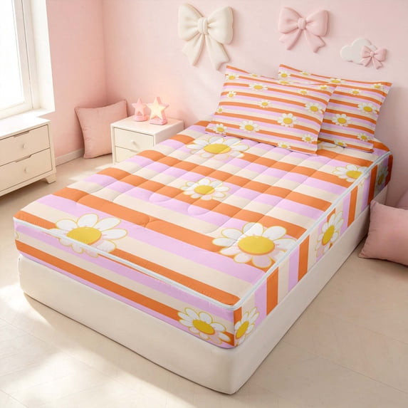 Erosebridal Groovy Daisy Flower Zipper Twin Comforter Sets with Fitted Sheet and 2 Pillowcases, Cute Stripe Zipper Bedding Set, Pink Reversible
