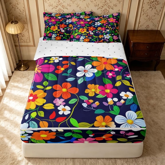 Erosebridal Groovy Daisy Zipper Queen Comforter Set with Fitted Sheet and 2 Pillowcases, Rainbow Flower Zipper Bedding Set, Reversible, Navy Multicolor, Reversible