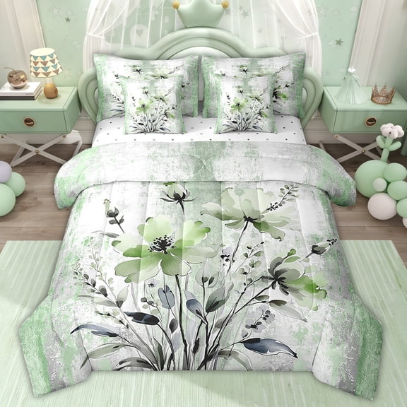 Erosebridal Groovy Floral Bed in a Bag King size for Kids, Watercolor Flower Bedding Sets King Size, Rustic Plant Comforter Sets 7pcs