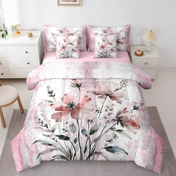 Erosebridal Groovy Floral Bed in a Bag Twin size, Watercolor Flower Bedding Sets Twin Size, Rustic Plant Reversible Comforter Sets with Sheets, Microfiber Room Decoration, 7pcs