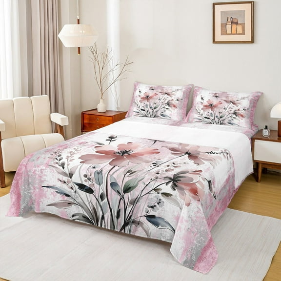 Erosebridal Groovy Floral Bed Sheets Set King Size, Watercolor Flower King Sheet Sets, Rustic Plant Bedding King Size, Microfiber Room Decoration, 4pcs