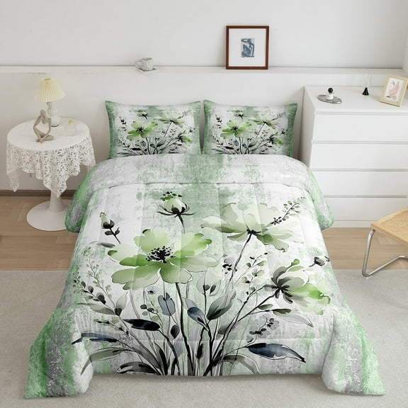 Erosebridal Groovy Floral Bedding Sets Queen with Comforter, Watercolor Flower Duvet Insert, Rustic Plant Comforter Sets Queen Size, Lightweight Bedroom Decorative, 3pcs