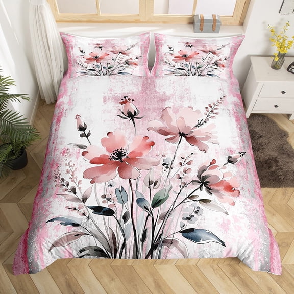 Erosebridal Groovy Floral Duvet Cover Queen, Watercolor Flower Bedding Queen Size, Rustic Plant Reversible Bedding Sets Queen Size, Microfiber Room Decoration, 3pcs(No Comforter)