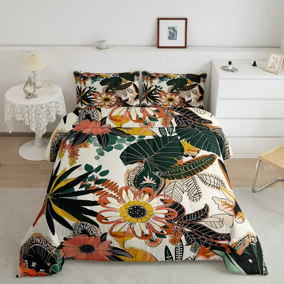 Erosebridal Groovy Flower Bedding Sets Twin with Comforter, Palm Leaf Duvet Insert, Retro Plant Comforter Sets Twin Size, Lightweight Room Decor, 2 Pieces