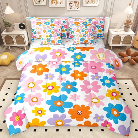 Erosebridal Groovy Flower Twin Bedding Sets for Girls, Rainbow Floral Bedding Comforter Set, Colorful Stars Reversible, 7-Piece