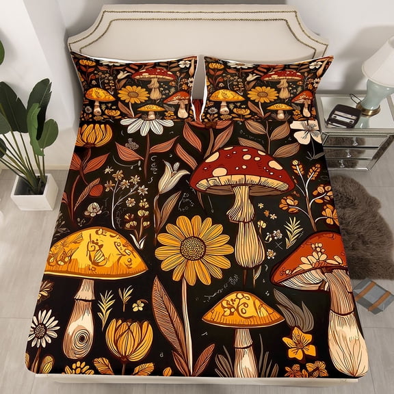 Erosebridal Groovy Flowers Bed Sheets Full Size, 70S Retro Floral Fitted Sheet 80S 90S Hippie Flower Bedding Set Vintage Boho Psychedelic Mushrooms Sheets 3 Pieces With 2 Pillow Cases