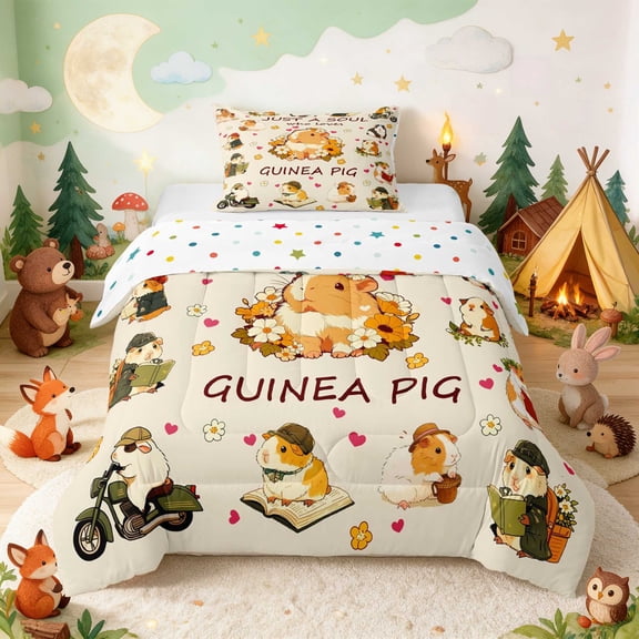 Erosebridal Guinea Pig Twin Comforter Sets for Boys Girls, Fun Activities Bedding Set, Polka Dots Reversible 2pcs 1 Comforter and 1 Pillowcase