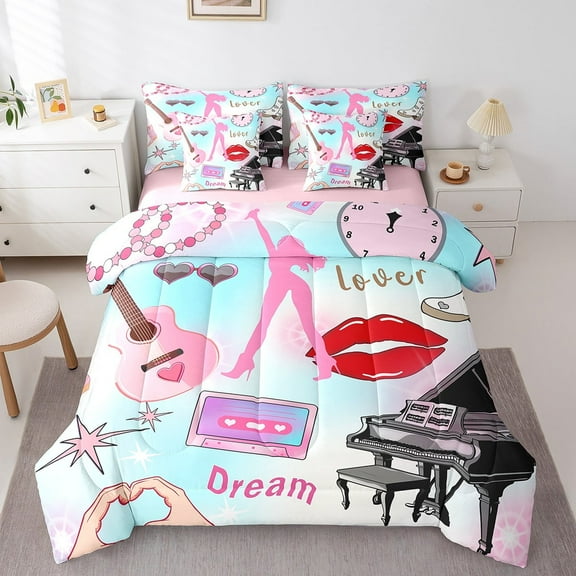 Erosebridal Guitar Piano Bedding Sets Twin Size,Red Lips Comforter Sets with Sheets,Music Theme Bed in a Bag Twin size,Lightweight Dreamy Bedroom Decorative,Reversible,7pcs