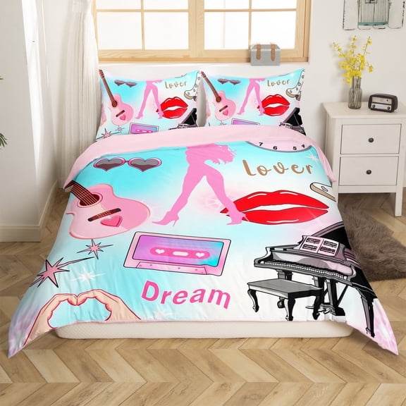 Erosebridal Guitar Piano Comforter Cover Twin,Red Lips Bedding Twin Size,Music Theme Duvet Cover Twin,Lightweight Dreamy Bedroom Decorative(No Comforter),Reversible,3pcs