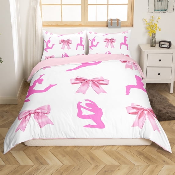 Erosebridal Gymnast Girl Comforter Cover Twin,Pink Bowknot Bedding Twin Size,Dreamy Princess Duvet Cover Twin,Microfiber Bowknot Bedroom Decoration(No Comforter),Reversible,3pcs