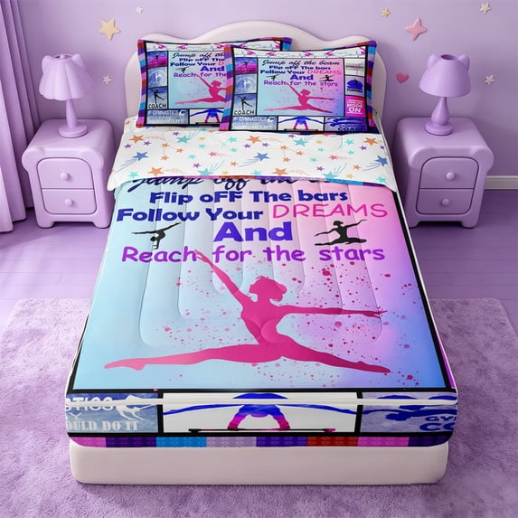 Erosebridal Gymnast Zipper Twin Comforter Sets with Fitted Sheet and 2 Pillowcases,Sport Theme Zipper Bedding Set For Girls,Colorful Stars Reversible,4-Piece