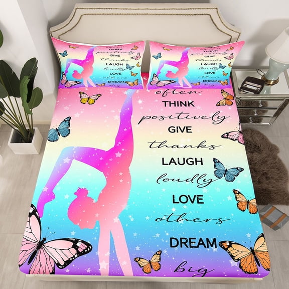 Erosebridal Gymnastics Bed Sheets Cute Rainbow Fitted Sheet Twin Size , Girly Butterfly Sheets Purple Blue Beige Pink Ombre Bedding, Exercises Sport Bed Cover Athletics Decor