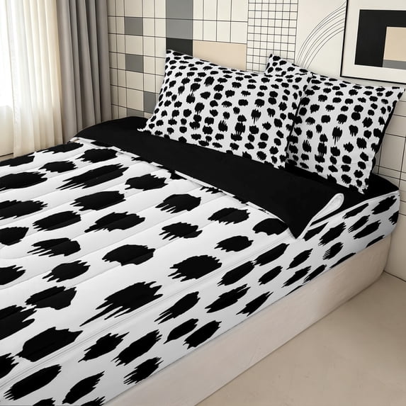 Erosebridal HStroked Zipper Twin Comforter Sets with Fitted Sheet and 2 Pillowcases for Boys Girls, Abstract Mark Print Zipper Bedding Set, Black White, Black Reversible, 4pcs