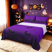 Erosebridal Halloween Bat Bed Sheets, Spider Web Full Size Sheets, Blue Violet, Black Reversible, 4 Pieces, 1 Flat Sheet, 1 Fitted Sheet and 2 Pillowcases