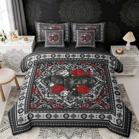 Erosebridal Halloween Bat Bedding Comforter Set, Bohemian Aztec Mandala Full Bedding Set, Black Gray Red, Black Reversible 7 Pieces