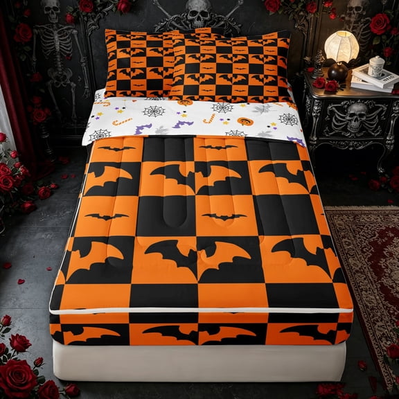 Erosebridal Halloween Bat Checkered Zipper Twin Comforter Sets with Fitted Sheet and 2 Pillowcases for Boys Girls, Goth Grid Print Zipper Bedding Set, Black Orange, Halloween Reversible, 4pcs