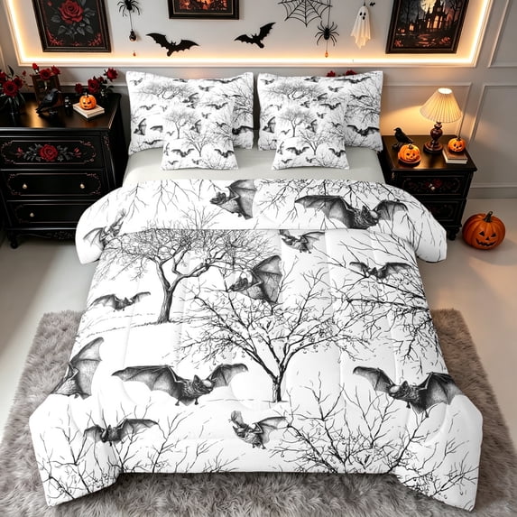 Erosebridal Halloween Bat Full Size Bedding Sets, Tree Branch Silhouette Full Size Bed in a Bag, White Gray, Gray Reversible, 7pcs