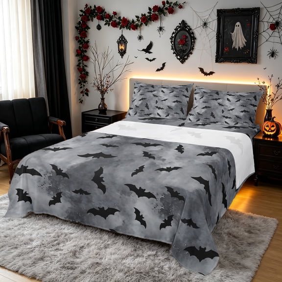 Erosebridal Halloween Bat Queen Sheets, Spooky Night Queen Sheet Sets, Gray, Black Reversible, 4-Piece, 1 Flat Sheet, 1 Fitted Sheet and 2 Pillowcases
