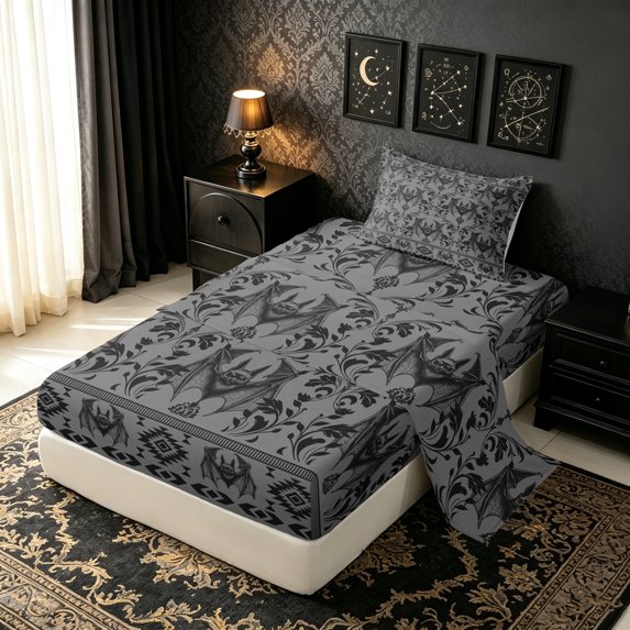 Erosebridal Halloween Bat Twin Sheets, Gothic Damask Aztec Bedding, Gray Black, Black Reversible, 3 Pieces, 1 Flat Sheet, 1 Fitted Sheet and 1 Pillowcase
