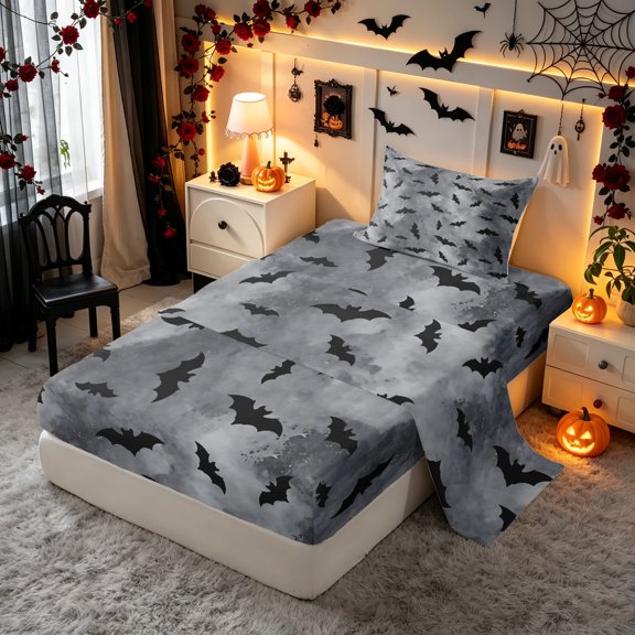 Erosebridal Halloween Bat Twin Sheets, Spooky Night Bedding, Gray, Black Reversible, 3-Piece, 1 Flat Sheet, 1 Fitted Sheet and 1 Pillowcase